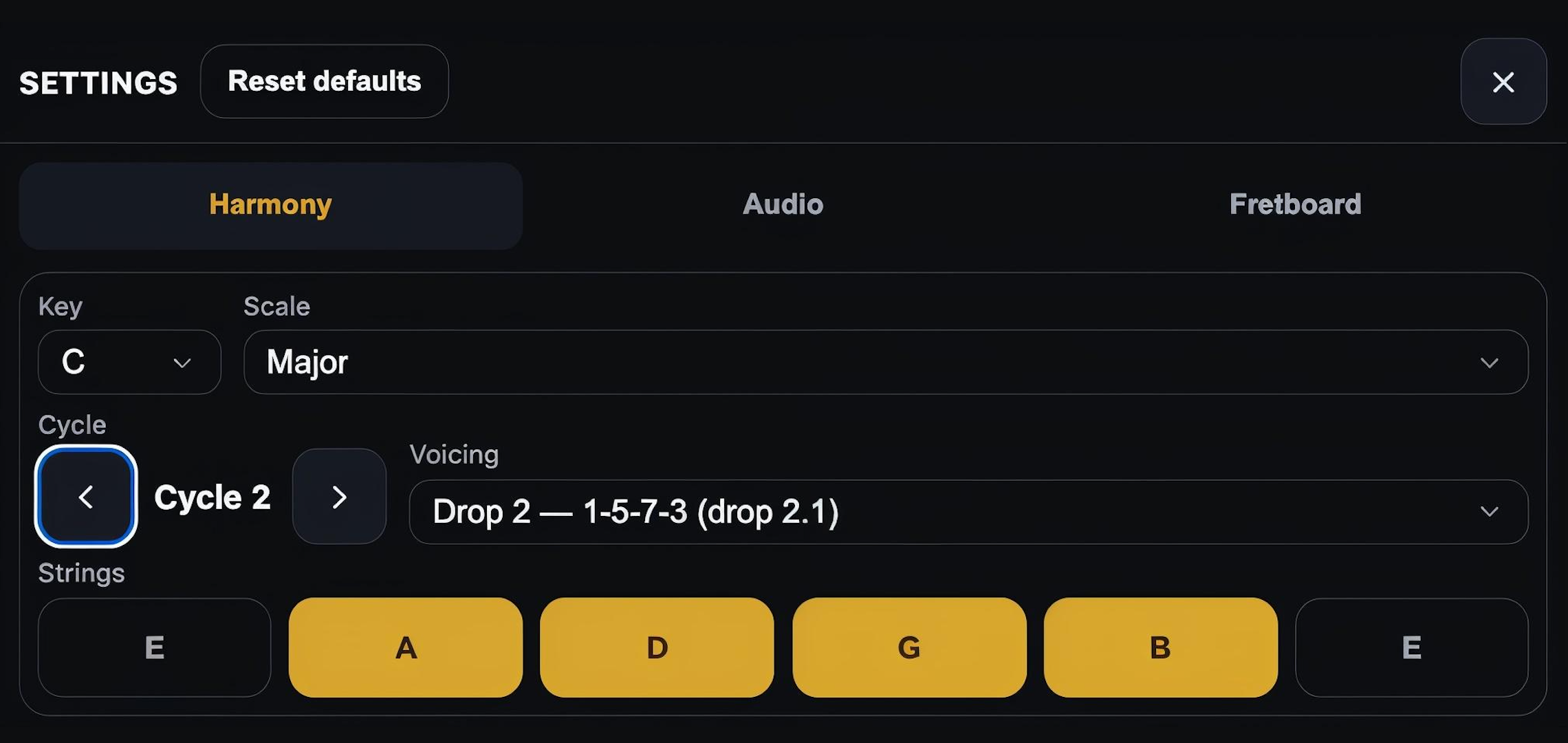 Settings and tuning screen in Guitar Cycles
