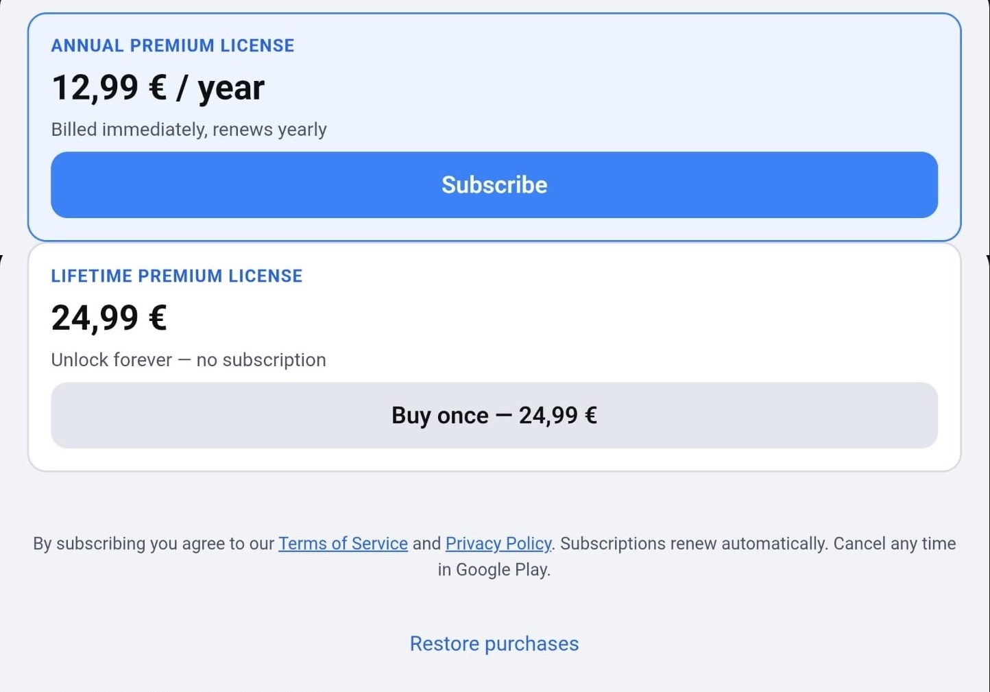 Purchase screen