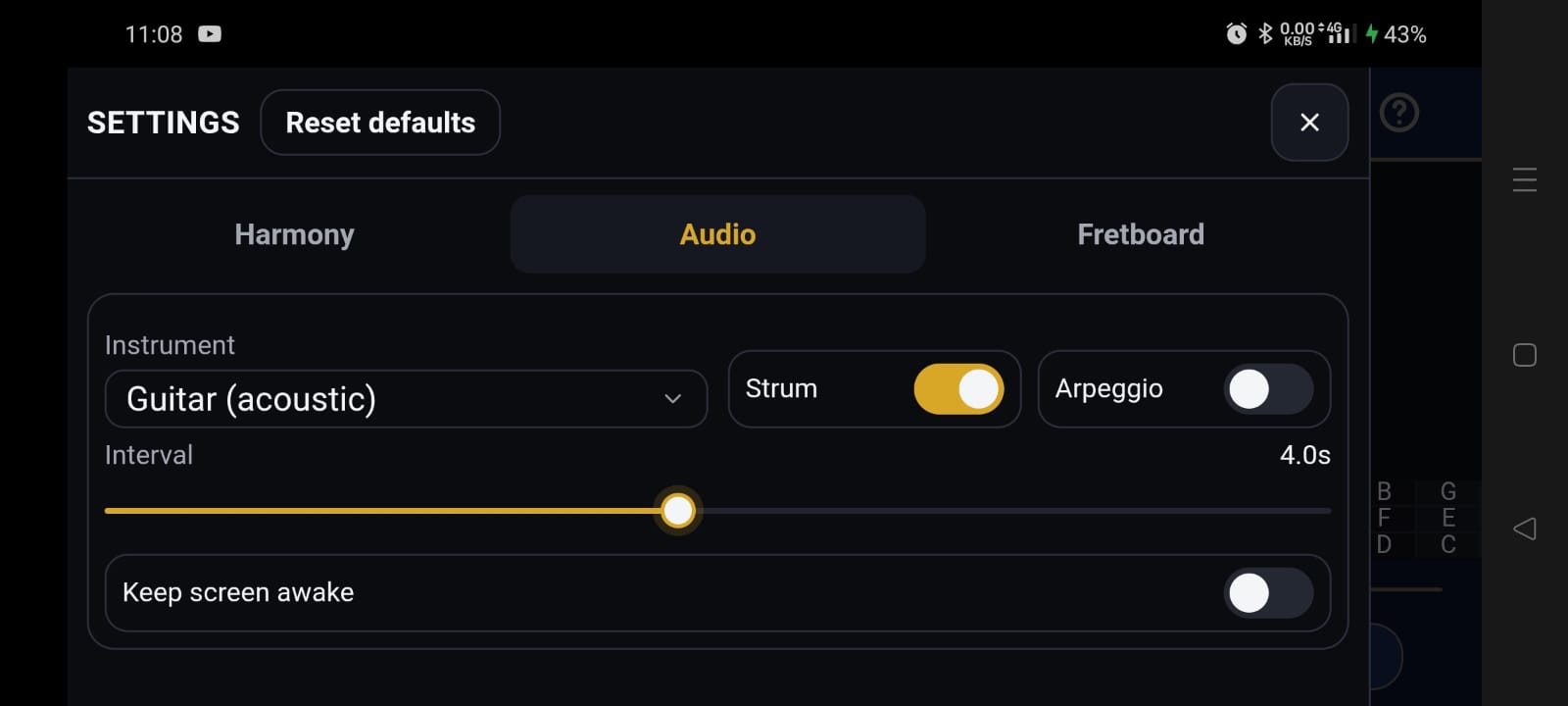 Audio settings tab