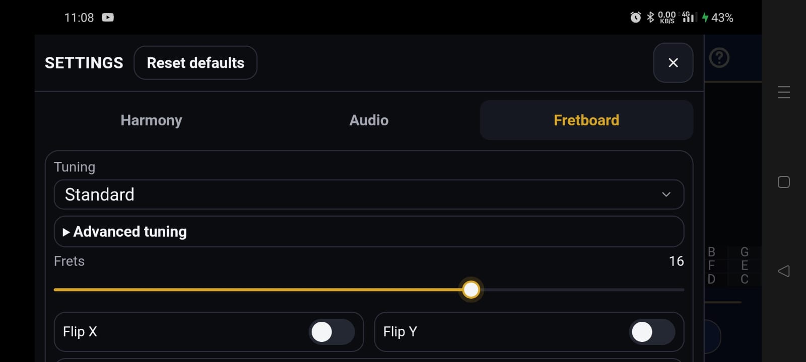 Fretboard settings tab
